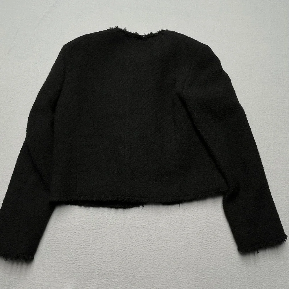 MNG Black Tweed Collarless Cropped Jacket with Frayed‎ Trim and Silver Buttons S